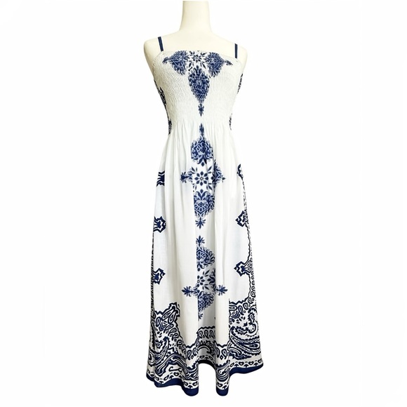 Pink Apple Blue & White Smocked Maxi Dress Boho Strapless Sundress (Fits Small) - Picture 1 of 9